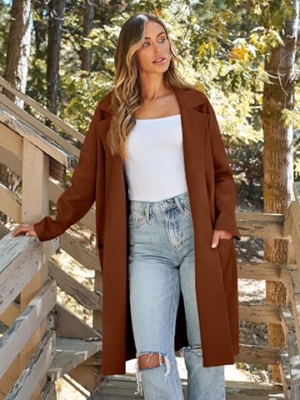 NWT ANRABESS Long Open-Front Brown Duster Coat Sz XS